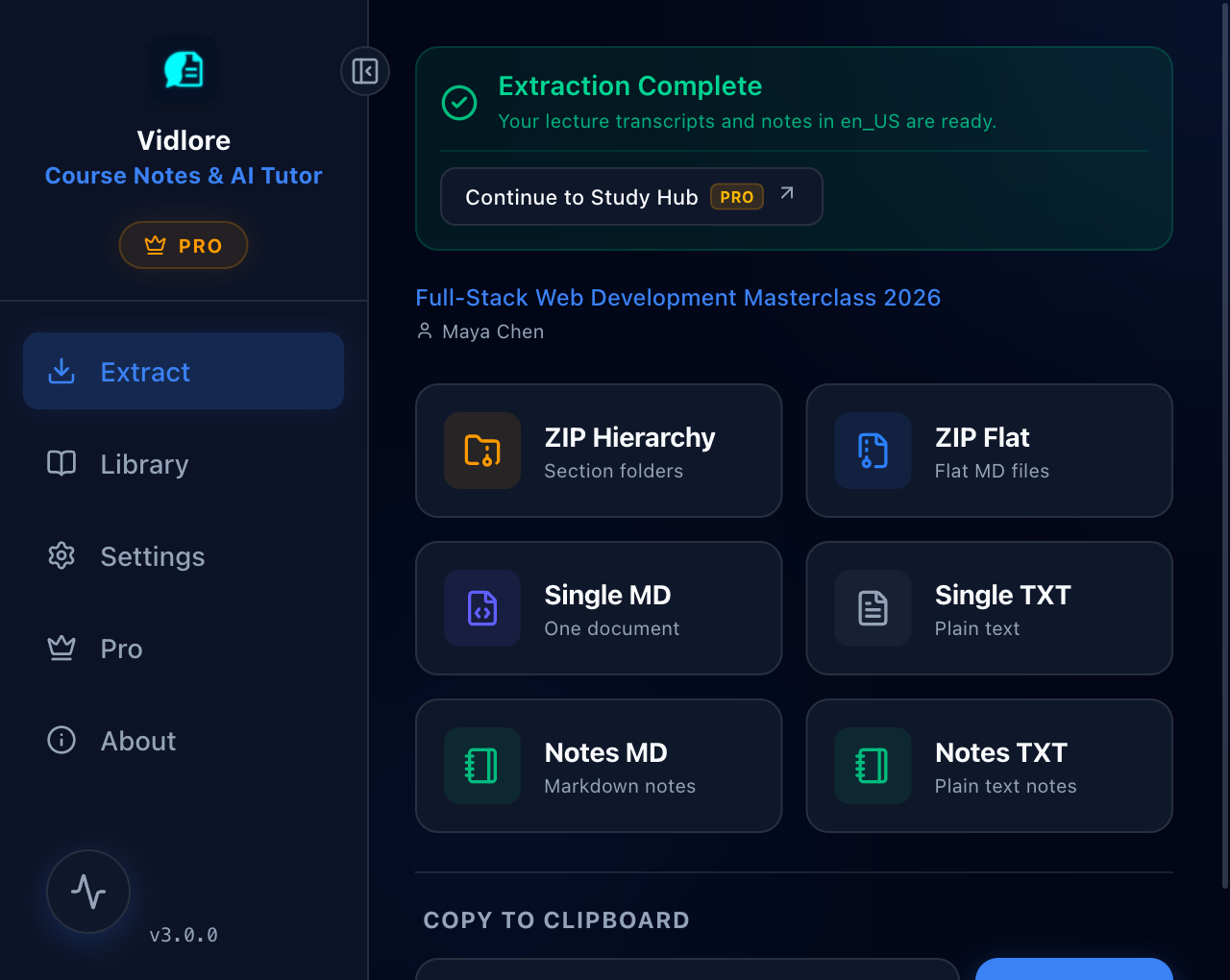 Trích xuất xong, xuất ra ZIP, một file Markdown hoặc text, hoặc ghi chú
