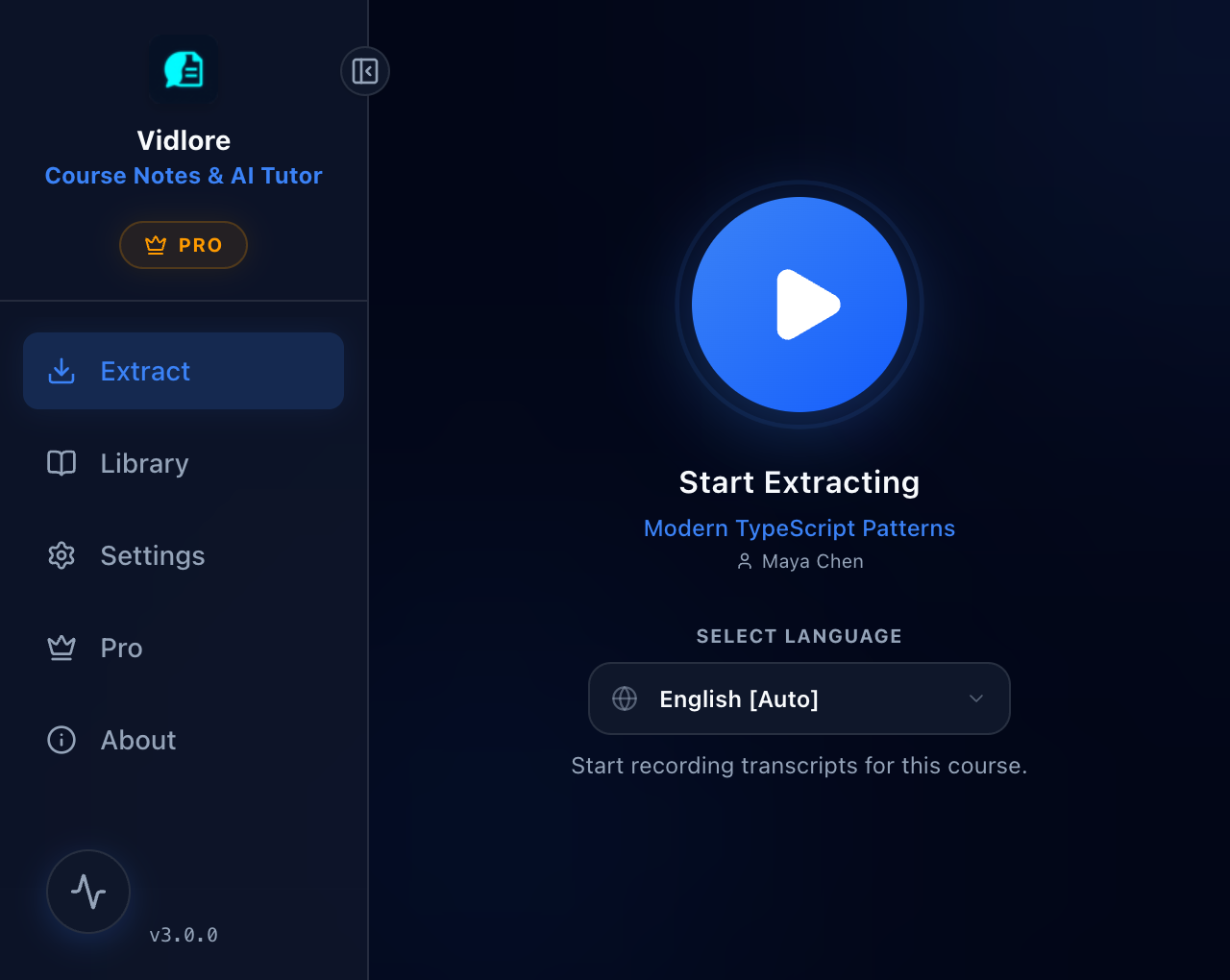Vidlore nhận ra khóa Udemy đang mở và sẵn sàng trích xuất theo ngôn ngữ đã chọn