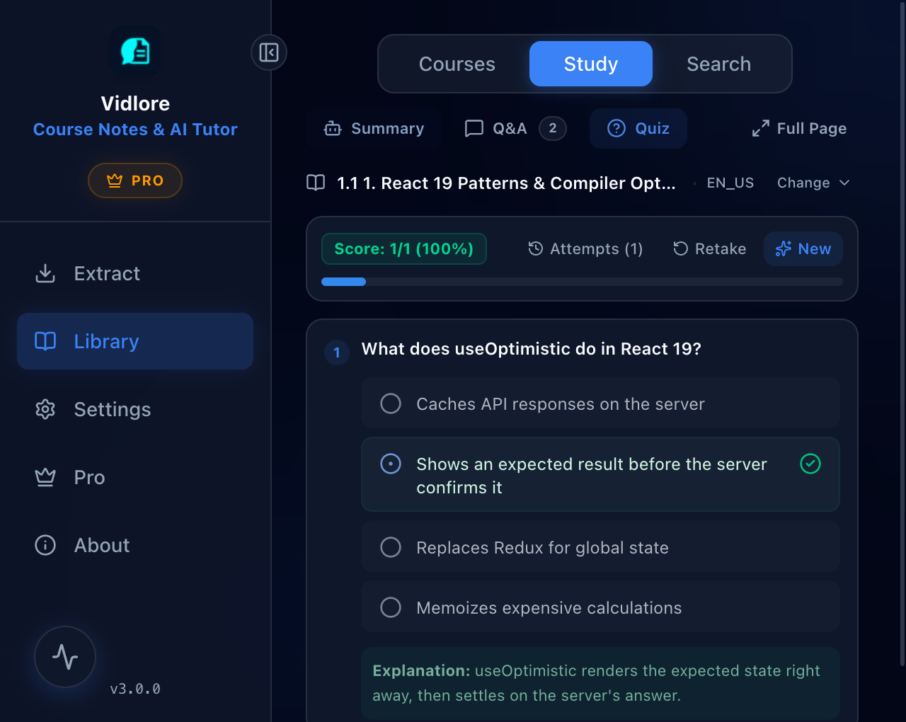 Bài quiz tạo từ bài giảng, trả lời đúng kèm lời giải thích