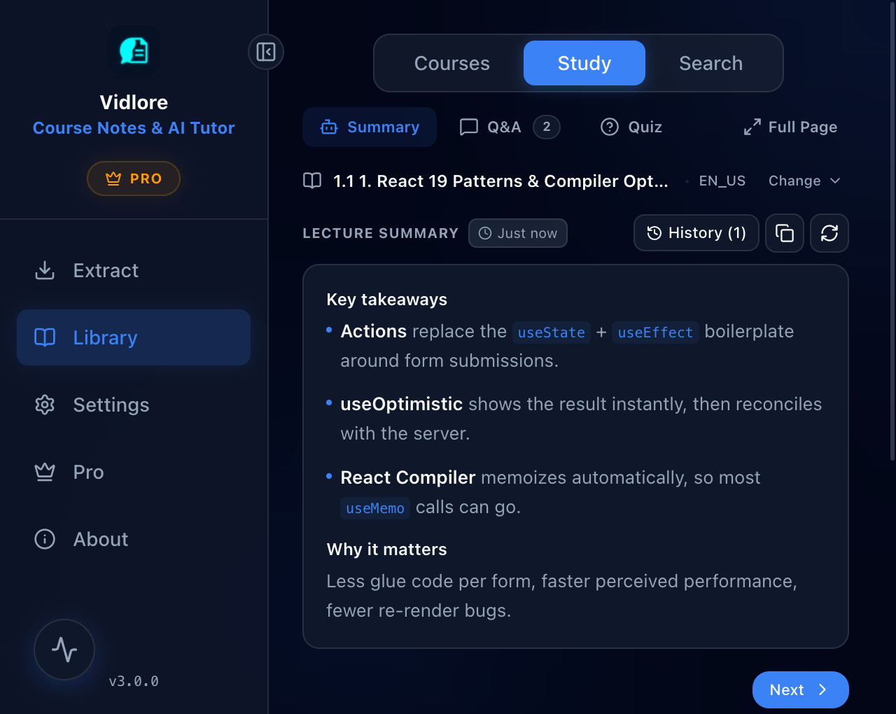 Bản tóm tắt bài giảng với các ý chính, ngay trong popup